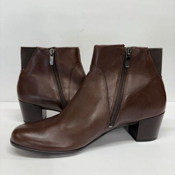 Ecco Brown Leather Side Zip Ankle Bootie Gore Stretch Back Women’s  US10/10.5 - Picture 1 of 15